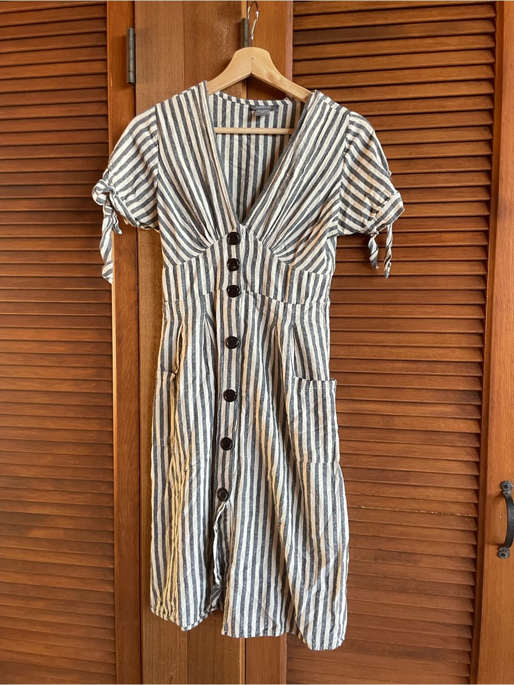 Angie Striped Button-Front Midi Dress in Grey and White